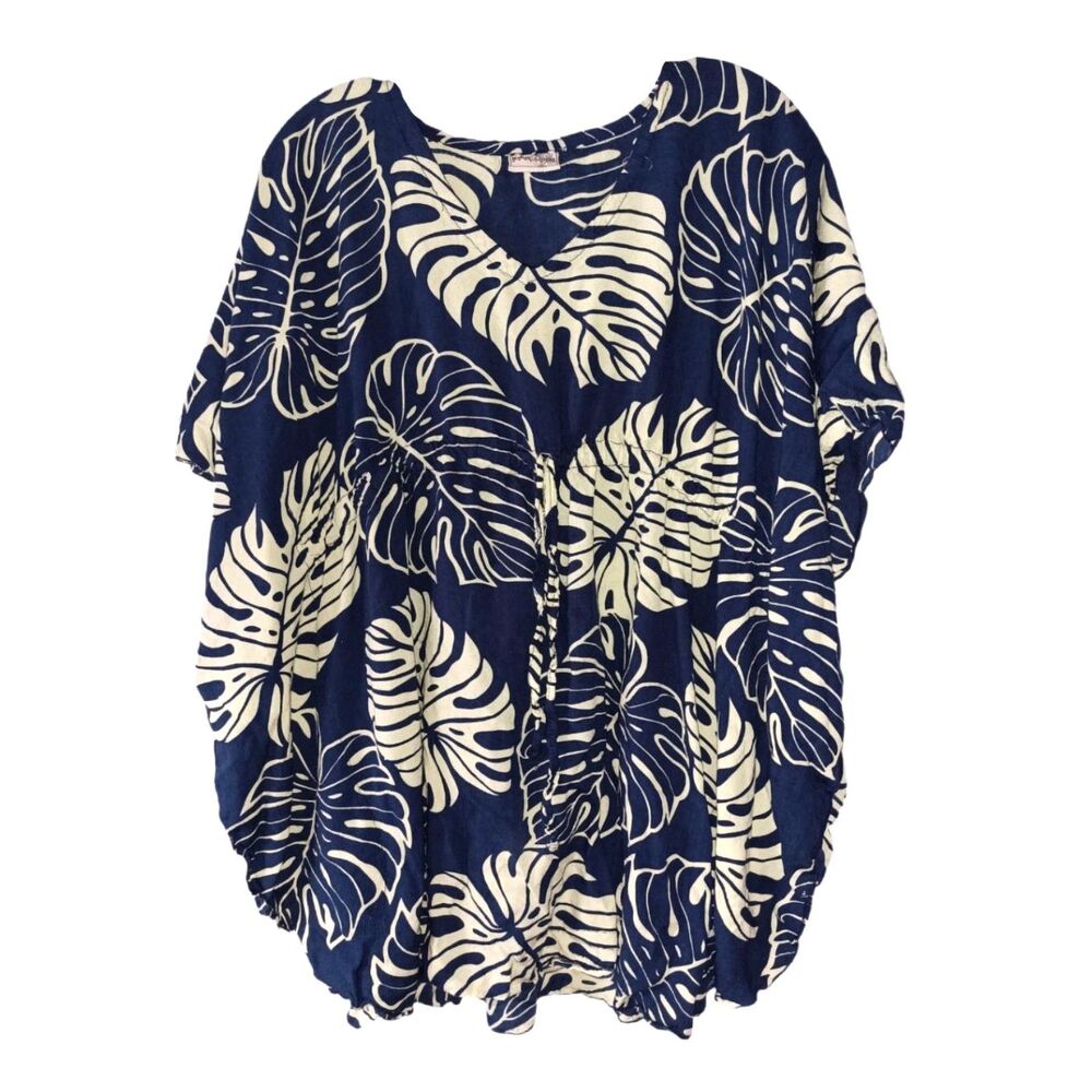 NoPua Dark Aqua Blue Floral Cinch Waist Top/Cover Up No Size Beach Summer Cool